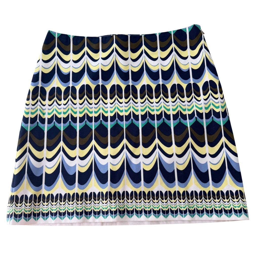Talbots‎ Petite Skirt Short Blue Green Peacock Print Cotton Stretch Art Boho 8P